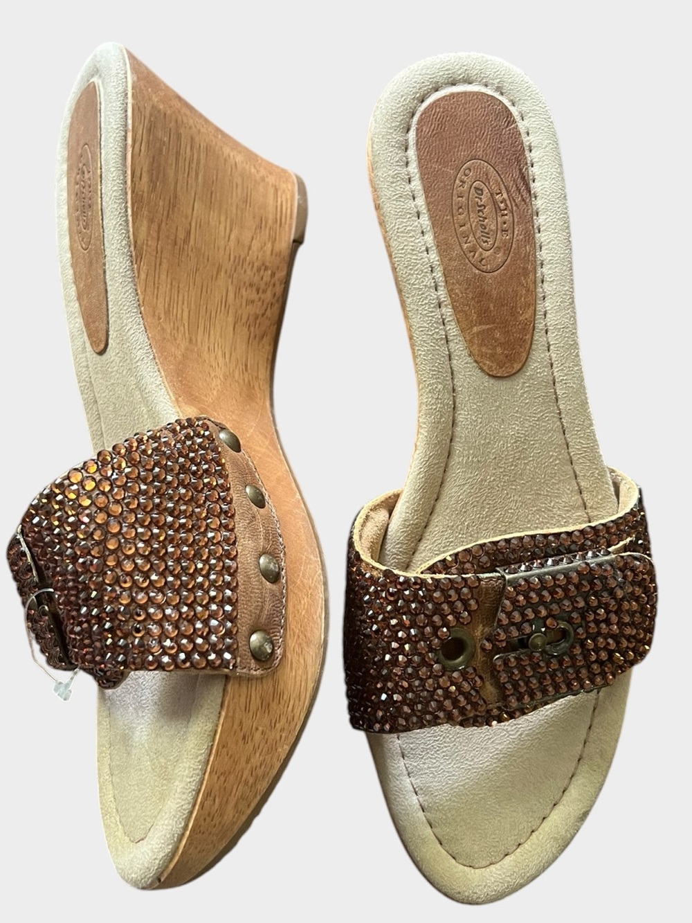 Dr Scholl’s Starstruck Rhinestone Leather Wood Wedge Sandals Size 7
